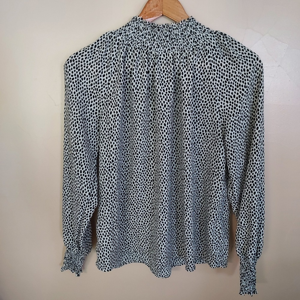 Animal Print White Black Spotted Smocked High Neck Blouse Top Office Siren Glam
